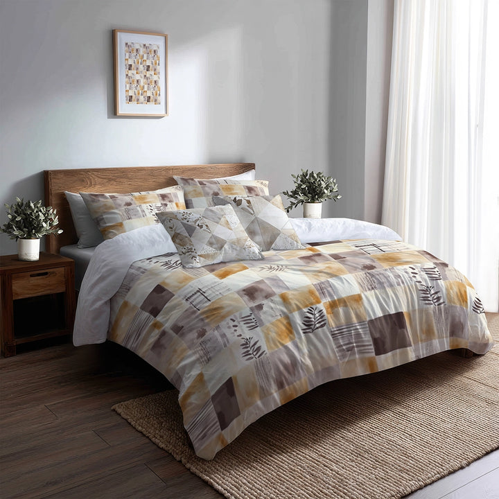 Country / Farmhouse Bedding Set of 5 - Neutral Mix Quilt Duvet Cover And Throw Pillow Set