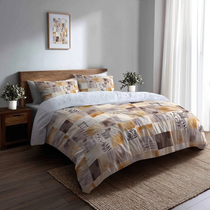 Country / Farmhouse Bedding Set of 5 - Neutral Mix Quilt Duvet Cover And Throw Pillow Set