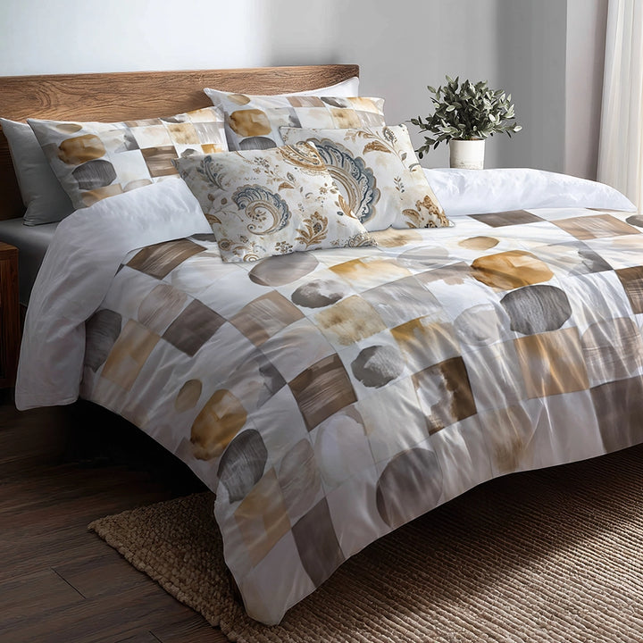 Country / Farmhouse Bedding Set - Beige And Brown Neutral Mix Quilt Duvet Cover And Cushion Set