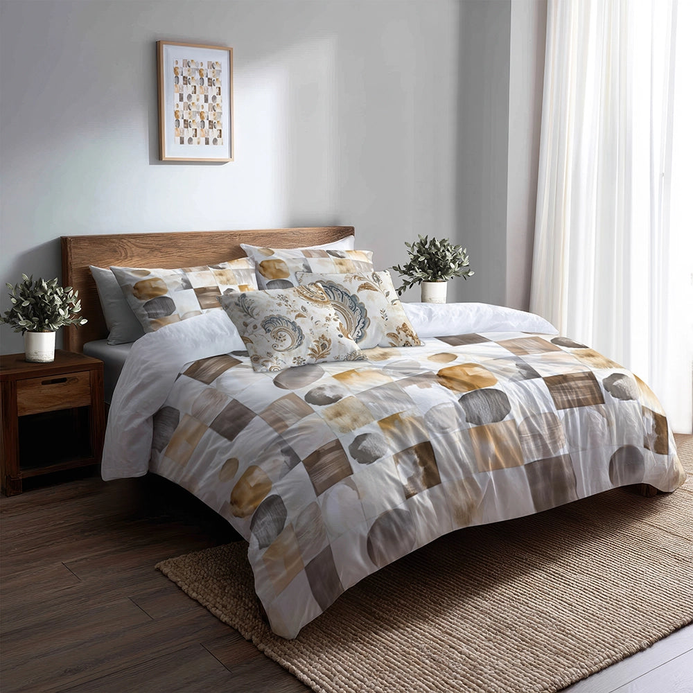 Country / Farmhouse Bedding Set - Beige And Brown Neutral Mix Quilt Duvet Cover And Cushion Set