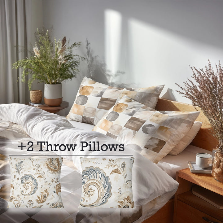 Country / Farmhouse Bedding Set - Beige And Brown Neutral Mix Quilt Duvet Cover And Cushion Set