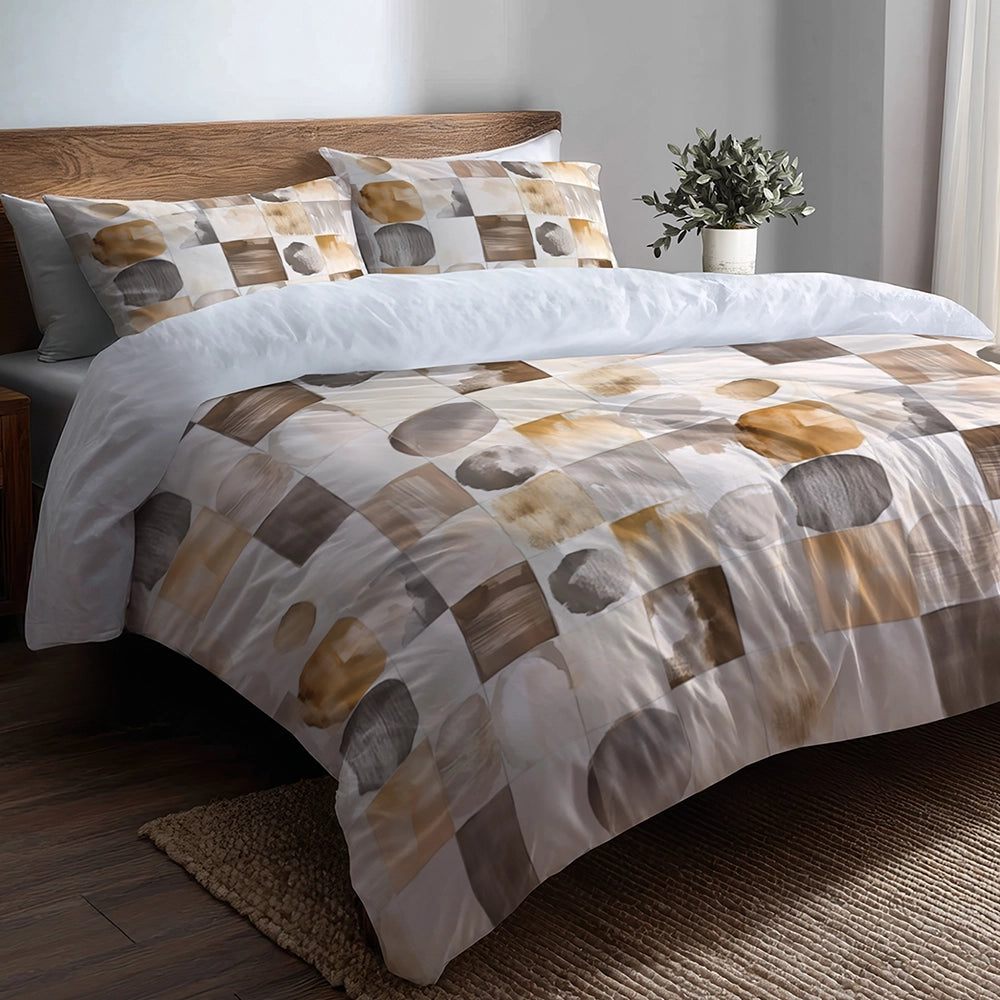 Country / Farmhouse Bedding Set - Beige And Brown Neutral Mix Quilt Duvet Cover And Cushion Set