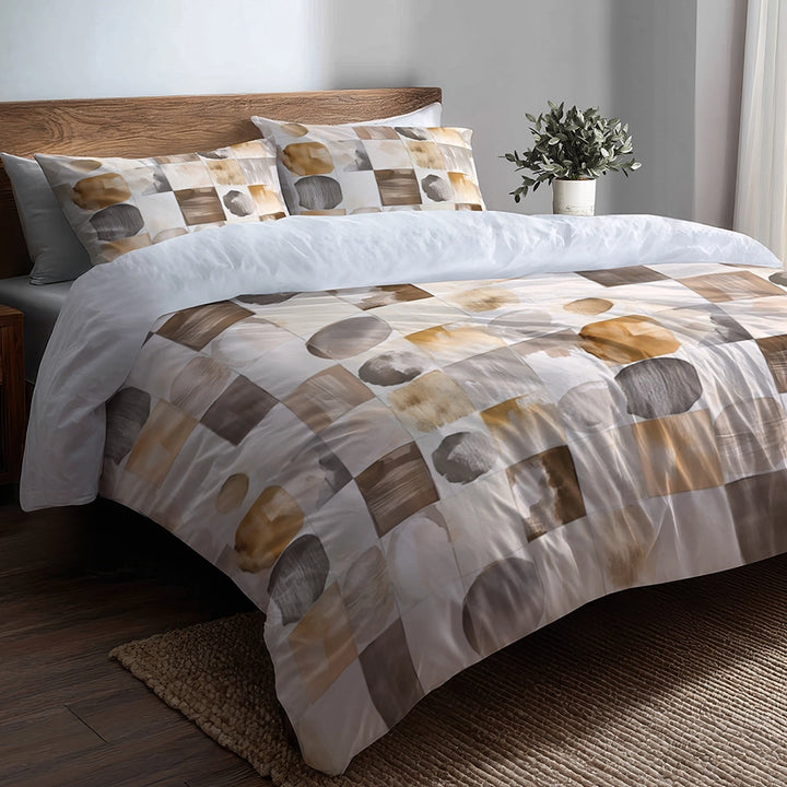 Country / Farmhouse Bedding Set - Beige And Brown Neutral Mix Quilt Duvet Cover And Cushion Set