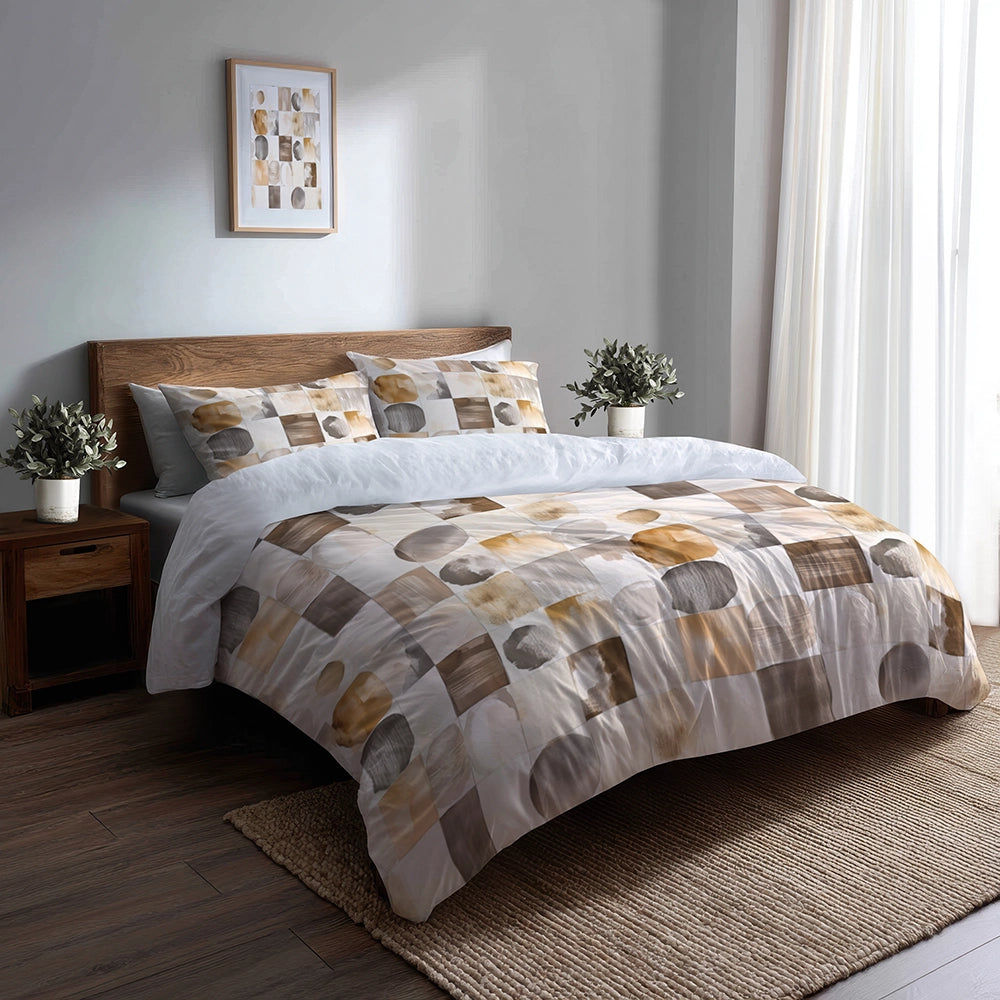 Country / Farmhouse Bedding Set - Beige And Brown Neutral Mix Quilt Duvet Cover And Cushion Set