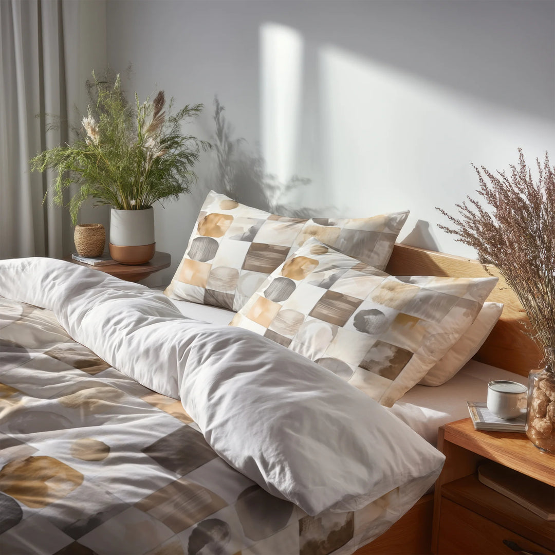 Country / Farmhouse Bedding Set - Beige And Brown Neutral Mix Quilt Duvet Cover And Cushion Set