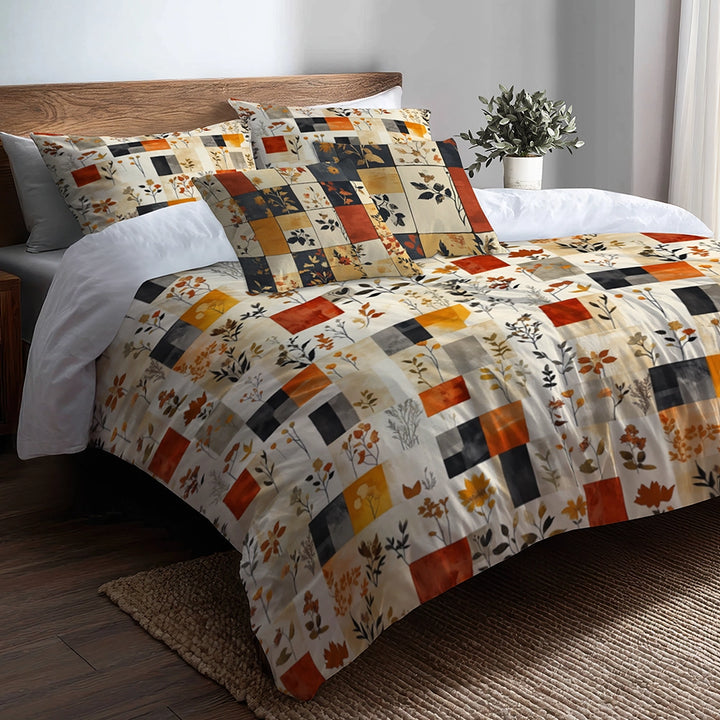Country / Farmhouse Bedding Set of 5 - Harvest Quilt Duvet Cover And Throw Pillow Set