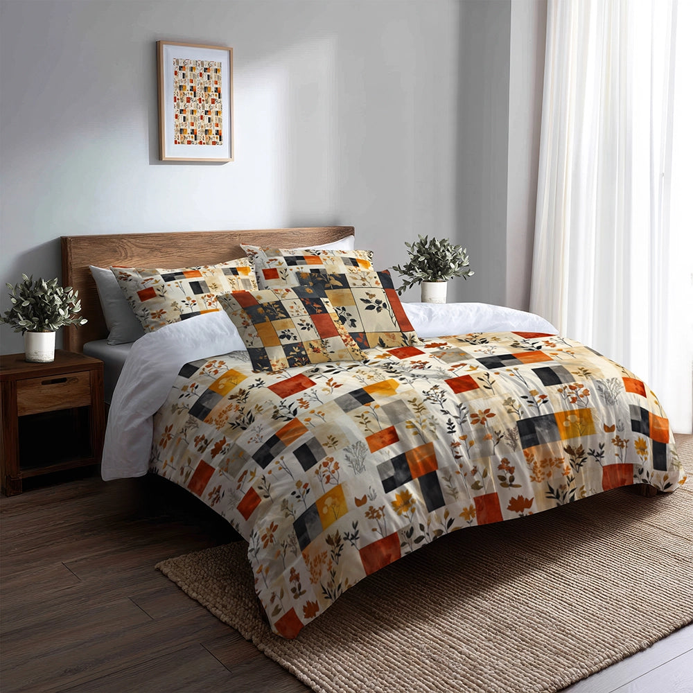 Country / Farmhouse Bedding Set of 5 - Harvest Quilt Duvet Cover And Throw Pillow Set