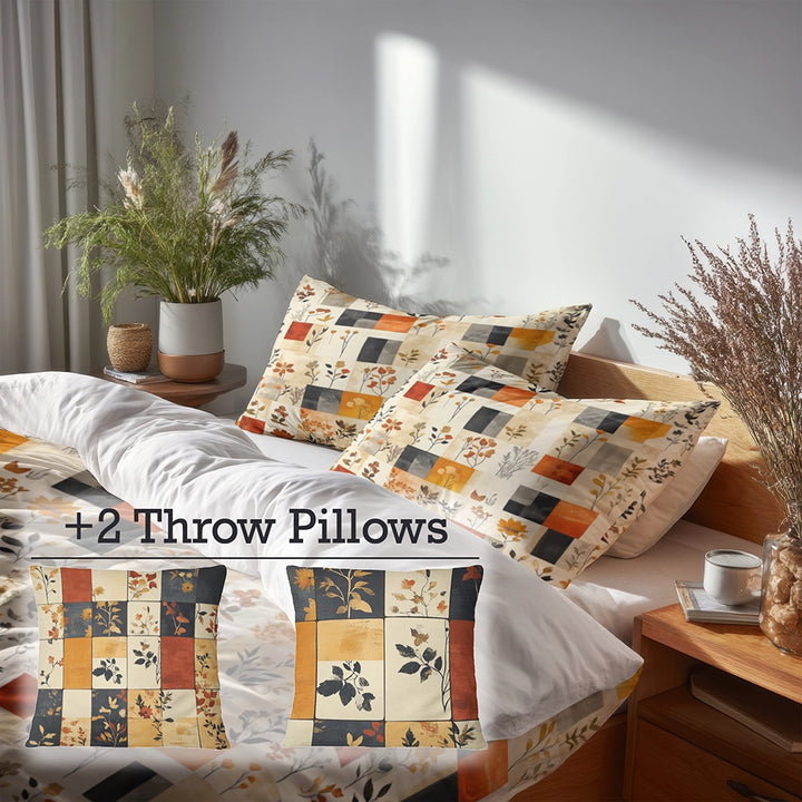Country / Farmhouse Bedding Set of 5 - Harvest Quilt Duvet Cover And Throw Pillow Set