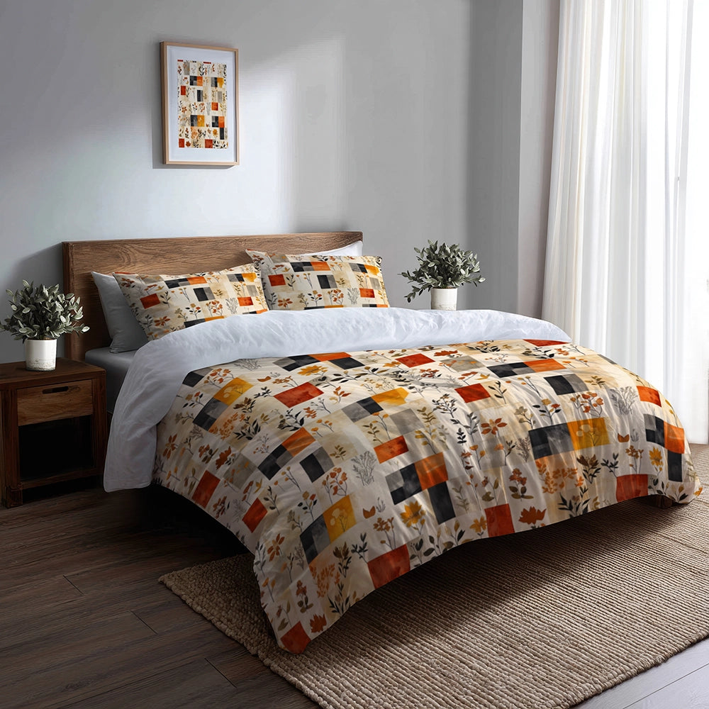 Country / Farmhouse Bedding Set of 5 - Harvest Quilt Duvet Cover And Throw Pillow Set
