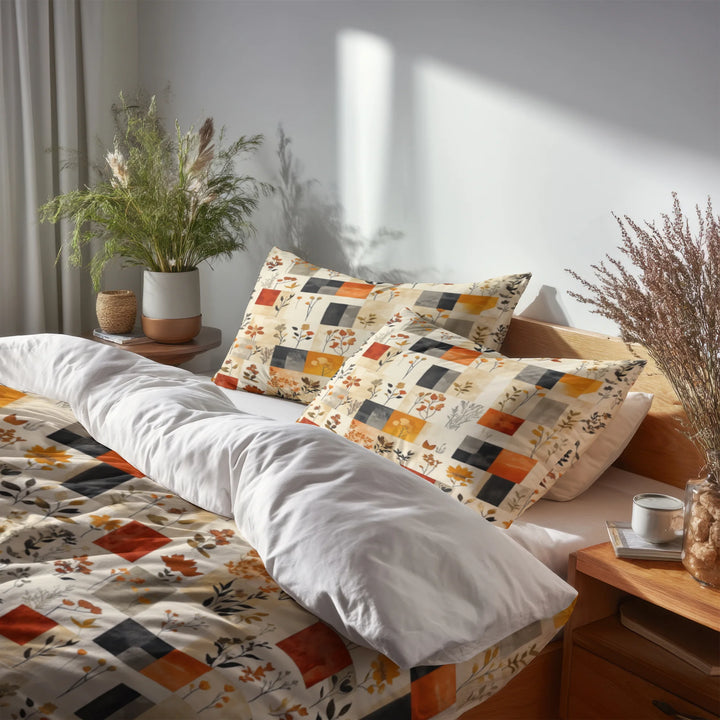 Country / Farmhouse Bedding Set of 5 - Harvest Quilt Duvet Cover And Throw Pillow Set