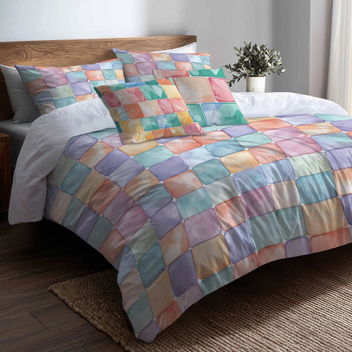 Modern Bedding Set of 5 - Yellow And Blue Pastel Bubble  Tiles Duvet Cover And Throw Pillow Set