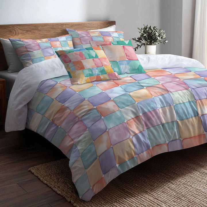 Modern Bedding Set of 5 - Yellow And Blue Pastel Bubble  Tiles Duvet Cover And Throw Pillow Set