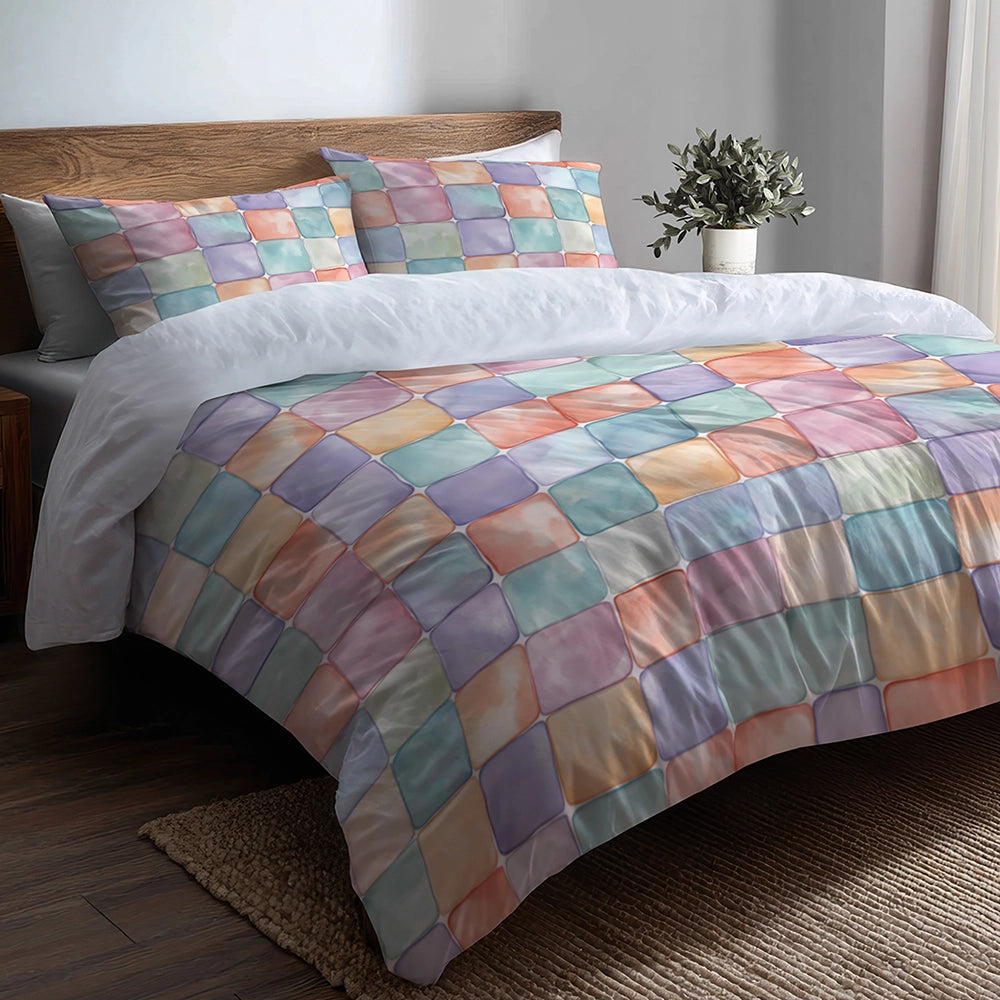 Modern Bedding Set of 5 - Yellow And Blue Pastel Bubble  Tiles Duvet Cover And Throw Pillow Set