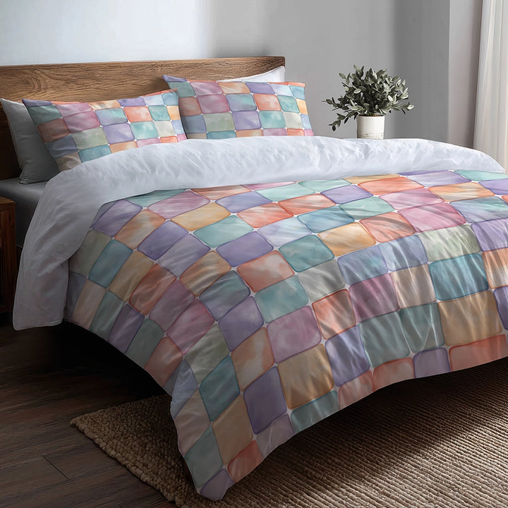 Modern Bedding Set of 5 - Yellow And Blue Pastel Bubble  Tiles Duvet Cover And Throw Pillow Set