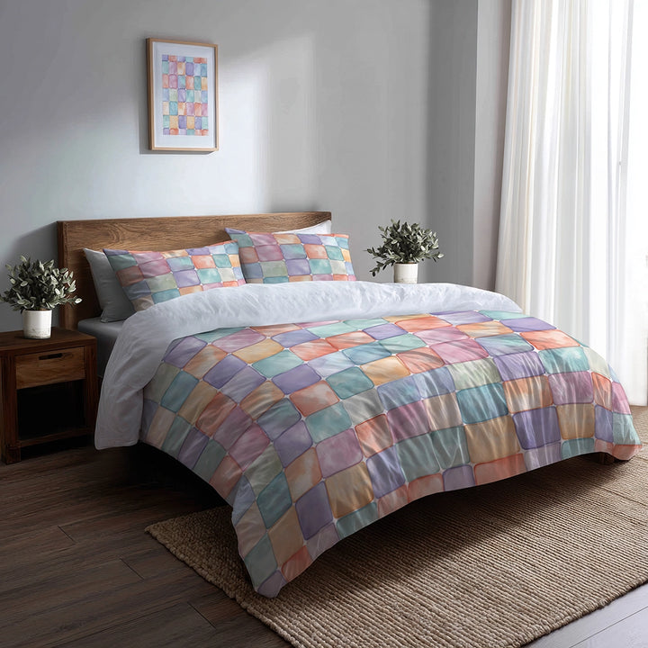 Modern Bedding Set of 5 - Yellow And Blue Pastel Bubble  Tiles Duvet Cover And Throw Pillow Set