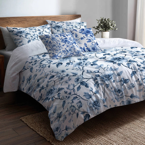 Toile Bedding Set 5 Pcs - French Garden Toile Duvet Cover And Throw Pillow Set