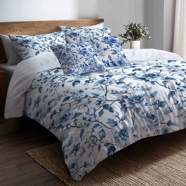 Toile Bedding Set 5 Pcs - French Garden Toile Duvet Cover And Throw Pillow Set
