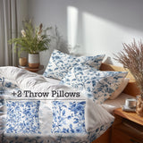 Toile Bedding Set 5 Pcs - French Garden Toile Duvet Cover And Throw Pillow Set