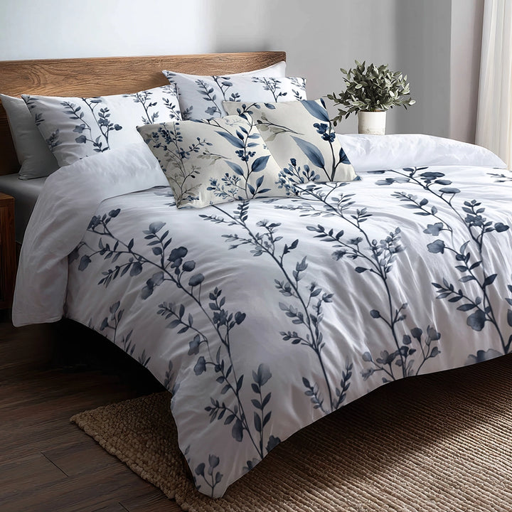 Toile Duvet Cover Set of 5 - Botanical Toile Bedding And Throw Pillow Set
