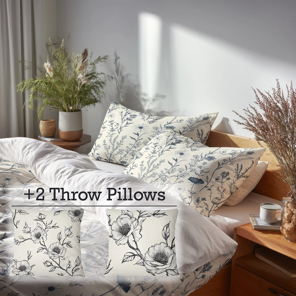 Toile Bedding Set 5 Pcs - Meadow Toile Duvet Cover And Throw Pillow Set