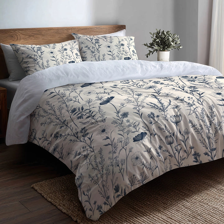 Toile Bedding Set 5 Pcs - Meadow Toile Duvet Cover And Throw Pillow Set