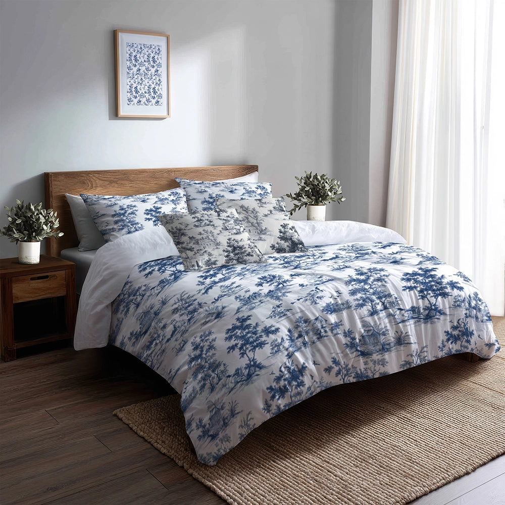 Modern Bedding Set of 5 - Toile Wash Duvet Cover And Throw Pillow Set