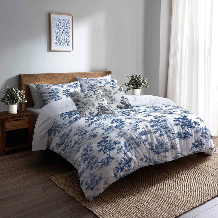 Modern Bedding Set of 5 - Toile Wash Duvet Cover And Throw Pillow Set