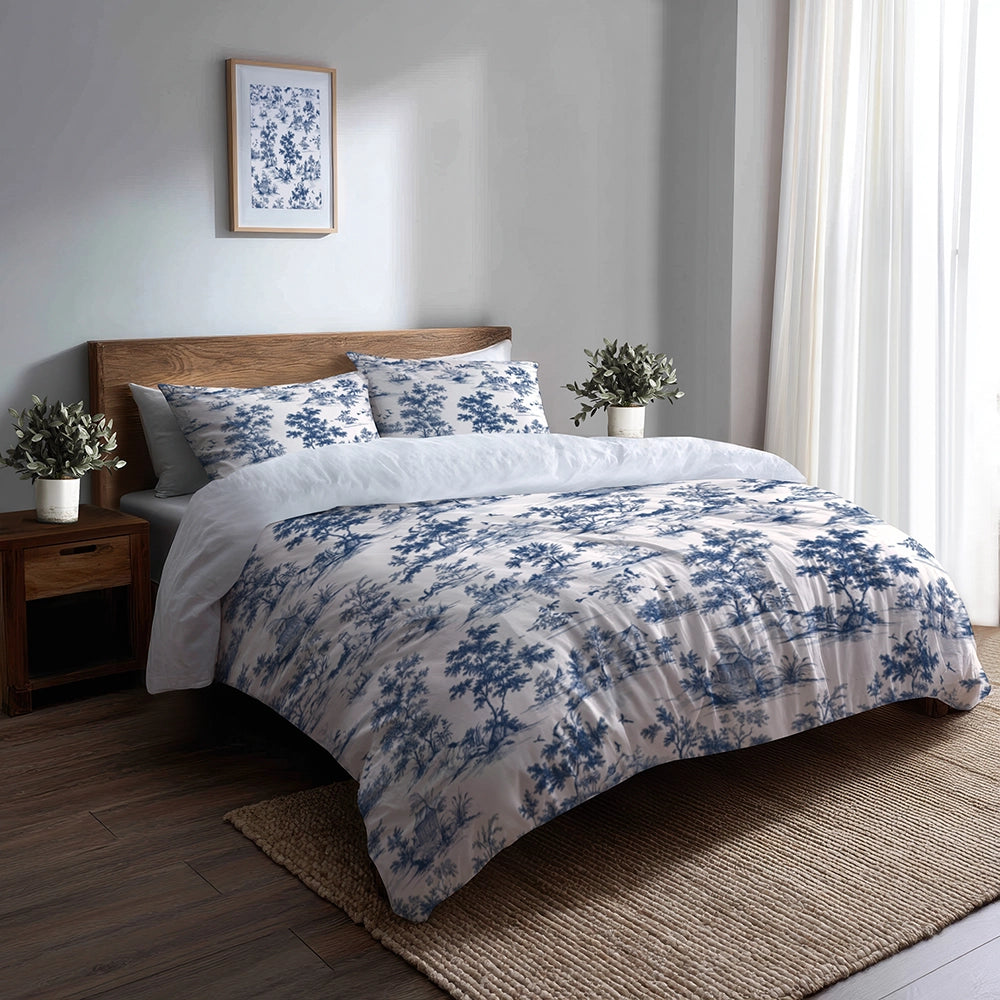 Modern Bedding Set of 5 - Toile Wash Duvet Cover And Throw Pillow Set