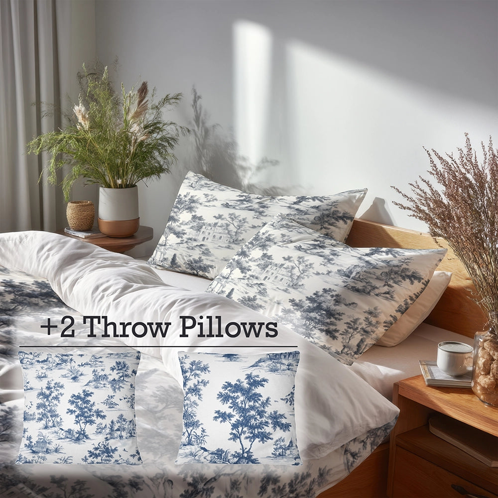 Toile 5 Pcs Bedding Set - Toile Wash Duvet Cover And Pillow Set