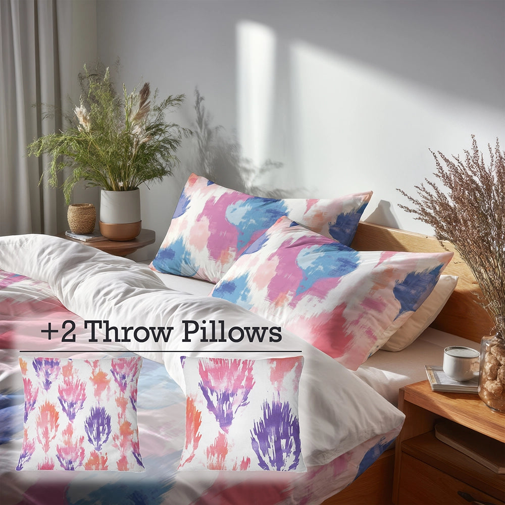 Boho Bedding Set of 5 - Pastel Ikat Duvet Cover And Throw Cushion Set