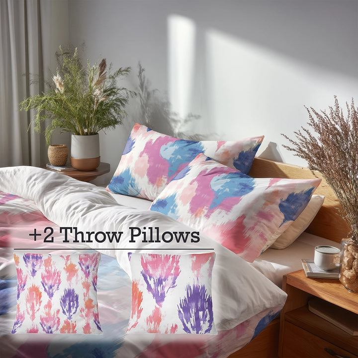 Boho Bedding Set of 5 - Pastel Ikat Duvet Cover And Throw Cushion Set