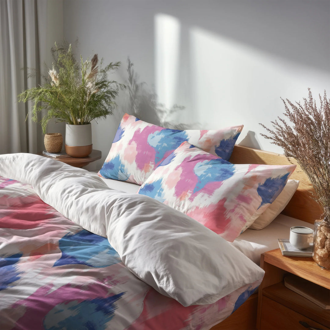 Boho Bedding Set of 5 - Pastel Ikat Duvet Cover And Throw Cushion Set