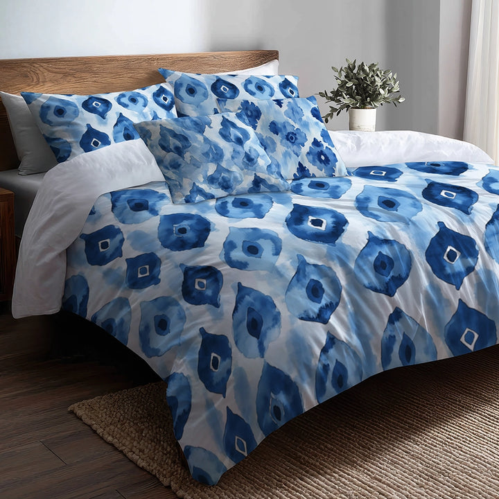 Coastal Bedding Set of 5 - Blue Ikat Duvet Cover And Throw Pillow Set
