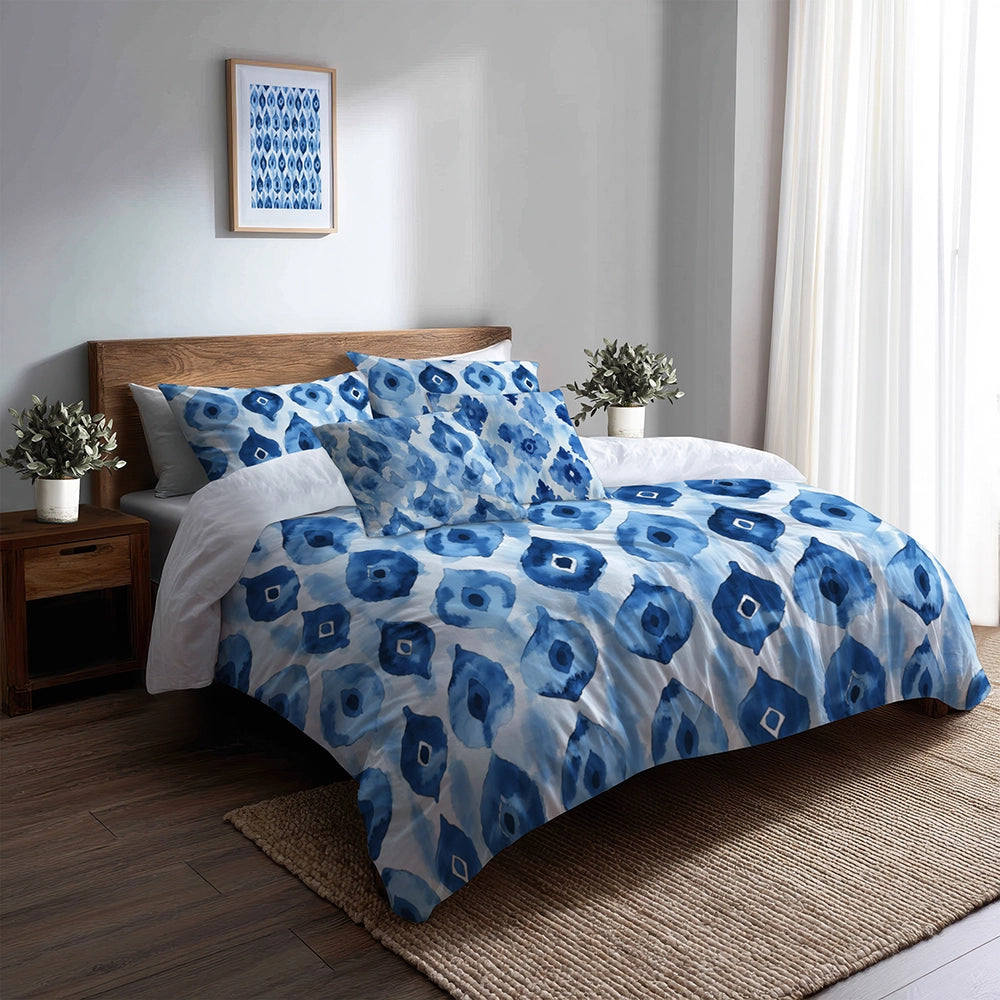 Coastal Bedding Set of 5 - Blue Ikat Duvet Cover And Throw Pillow Set