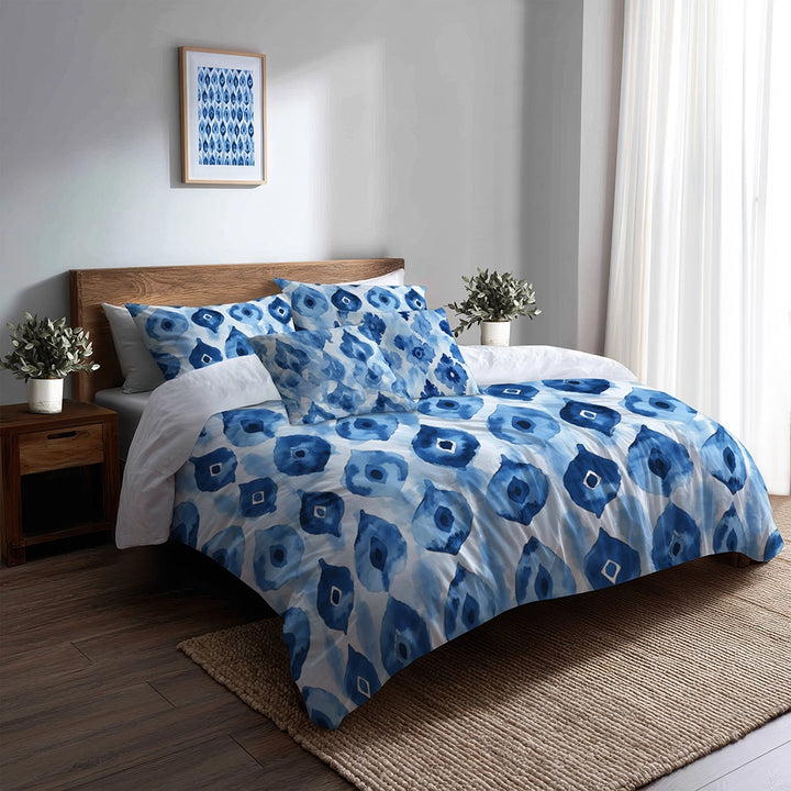 Coastal Bedding Set of 5 - Blue Ikat Duvet Cover And Throw Pillow Set