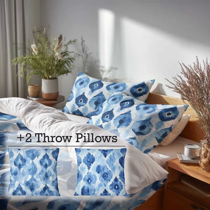 Coastal Bedding Set of 5 - Blue Ikat Duvet Cover And Throw Pillow Set