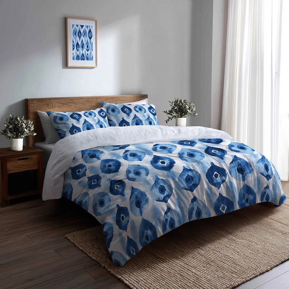 Coastal Bedding Set of 5 - Blue Ikat Duvet Cover And Throw Pillow Set