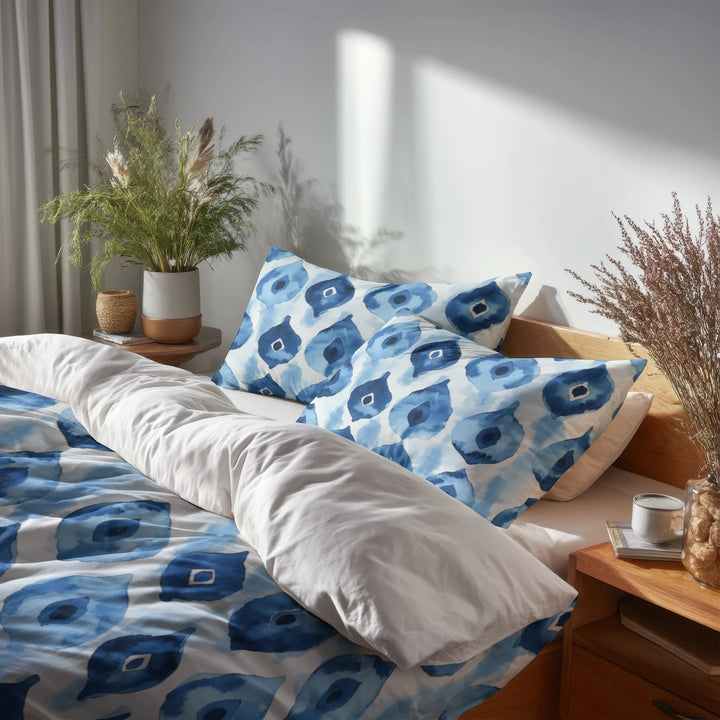 Coastal Bedding Set of 5 - Blue Ikat Duvet Cover And Throw Pillow Set