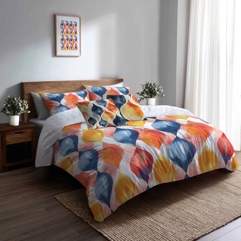 Modern Bedding Set of 5 - Blue And Orange Geo Ikat Duvet Cover And Throw Pillow Set