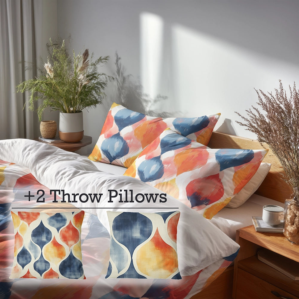 Modern Bedding Set of 5 - Blue And Orange Geo Ikat Duvet Cover And Throw Pillow Set