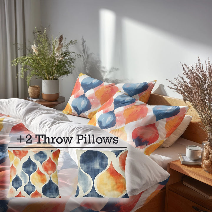 Modern Bedding Set of 5 - Blue And Orange Geo Ikat Duvet Cover And Throw Pillow Set