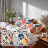 Modern Bedding Set of 5 - Blue And Orange Geo Ikat Duvet Cover And Throw Pillow Set