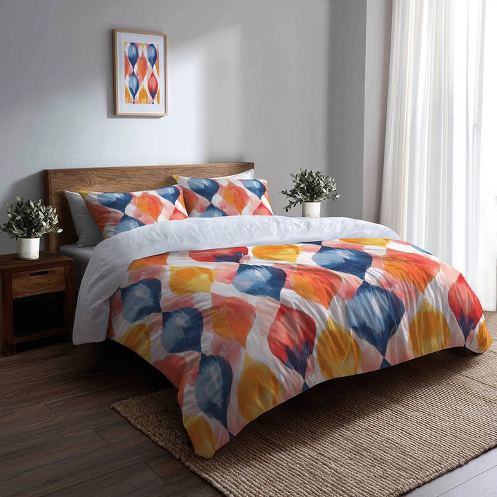 Modern Bedding Set of 5 - Blue And Orange Geo Ikat Duvet Cover And Throw Pillow Set