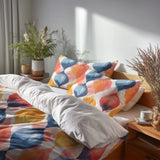 Modern Bedding Set of 5 - Blue And Orange Geo Ikat Duvet Cover And Throw Pillow Set