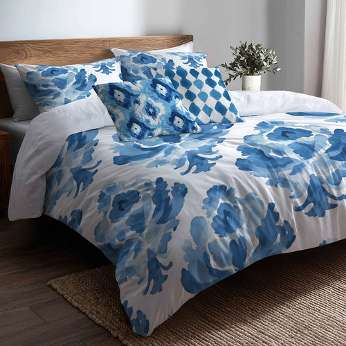 Ikat Duvet Cover Set of 5 - Blue And White Cloud Ikat Bedding And Throw Pillow Set