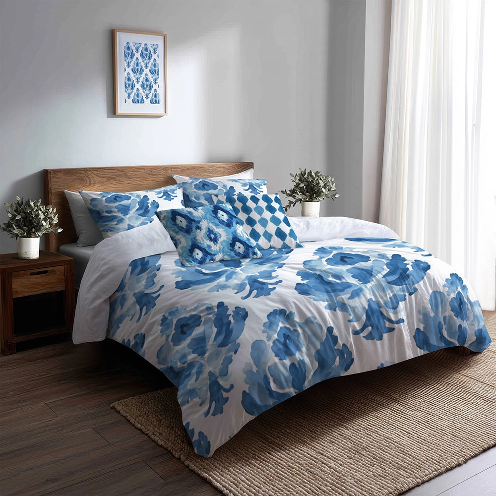 Ikat Duvet Cover Set of 5 - Blue And White Cloud Ikat Bedding And Throw Pillow Set