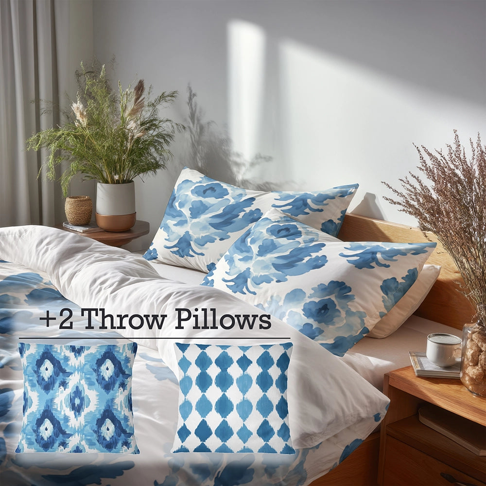 Ikat Duvet Cover Set of 5 - Blue And White Cloud Ikat Bedding And Throw Pillow Set