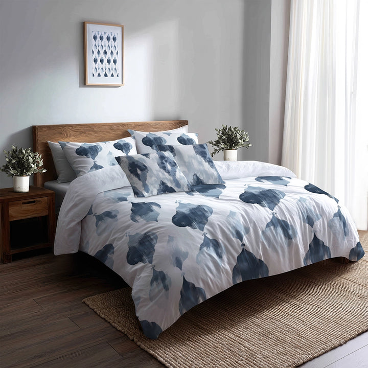 Modern Bedding Set of 5 - Grey And White Mist Ikat Duvet Cover And Throw Pillow Set