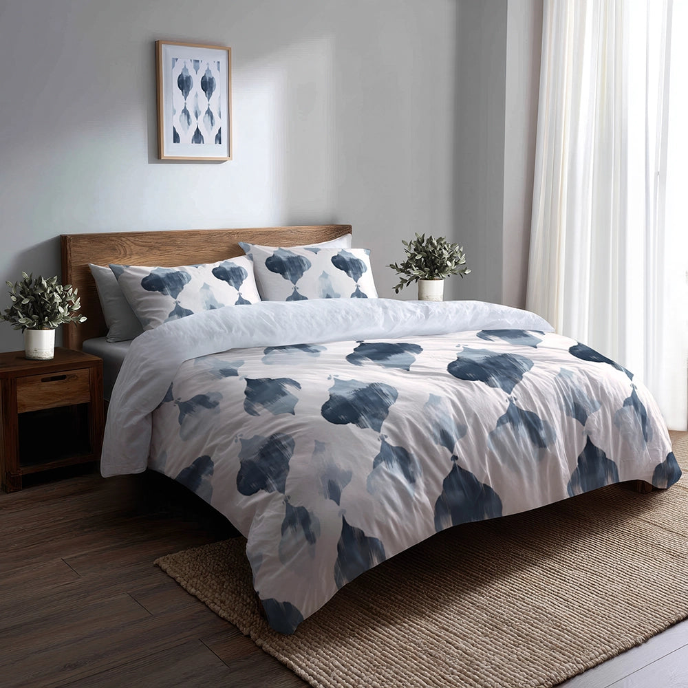 Modern Bedding Set of 5 - Grey And White Mist Ikat Duvet Cover And Throw Pillow Set