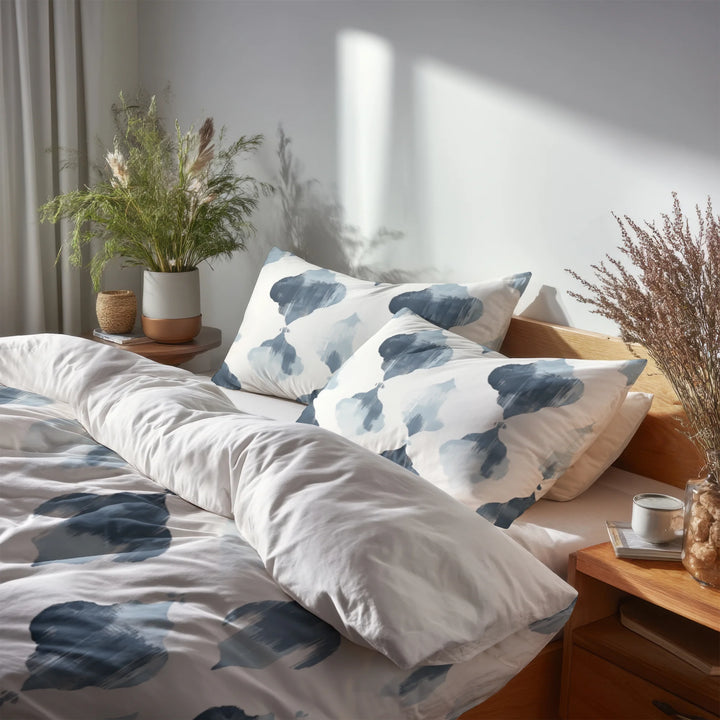 Modern Bedding Set of 5 - Grey And White Mist Ikat Duvet Cover And Throw Pillow Set